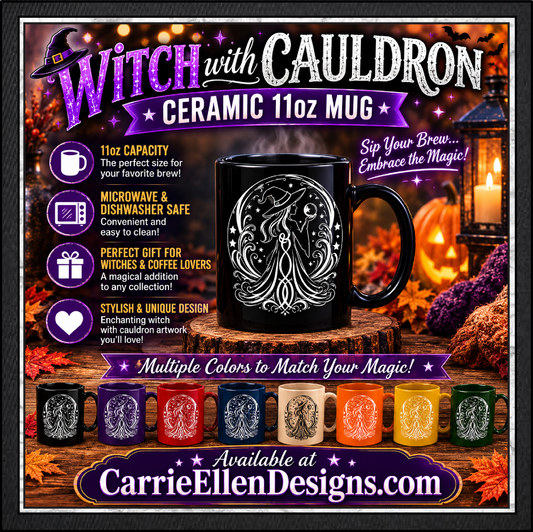 Enchanting Witch with Cauldron 11 oz Ceramic Mug, 8 Colors Halloween Witch Mug (4288)