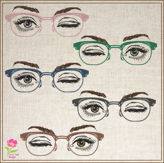 Eyeglasses Machine Embroidery Design – Winking Beautiful Eyes with Glasses Pattern, 6 Sizes (0547)