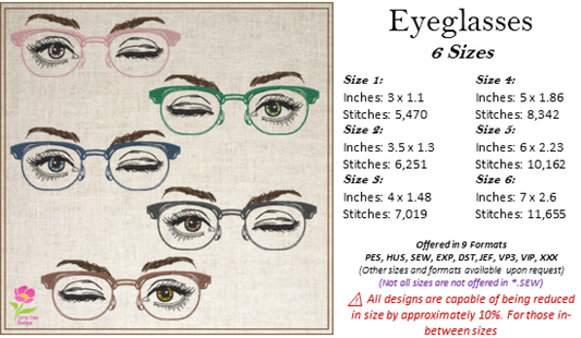 Eyeglasses Machine Embroidery Design – Winking Beautiful Eyes with Glasses Pattern, 6 Sizes (0547)