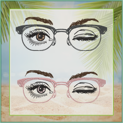 Eyeglasses Machine Embroidery Design – Winking Beautiful Eyes with Glasses Pattern, 6 Sizes (0547)