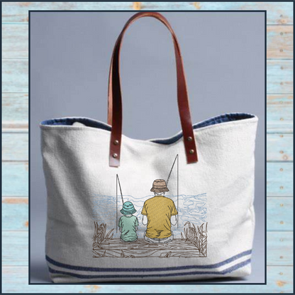 Father and Son Fishing Machine Embroidery Design, Father’s Day Design, Dad and Son Fishing on the Dock Sketch Design, 6 Sizes (0680)