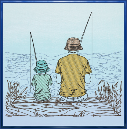 Father and Son Fishing Machine Embroidery Design, Father’s Day Design, Dad and Son Fishing on the Dock Sketch Design, 6 Sizes (0680)