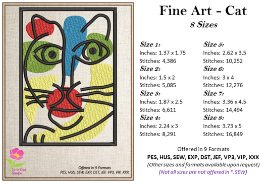 Artistic Cat Machine Embroidery Design – Piatti-Inspired Fine Art Embroidery – Multicolor Cat Pattern – 8 Sizes (0164)