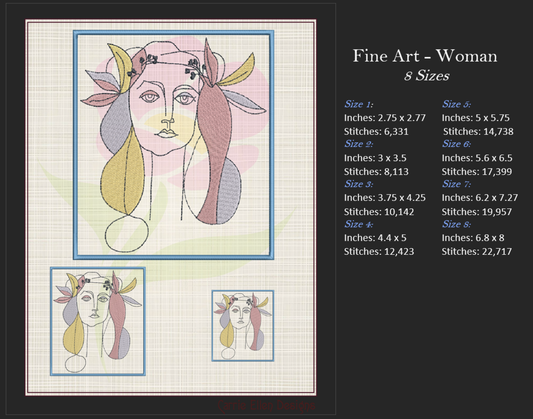 Woman Face Machine Embroidery Design – Fine Art Minimalist Portrait, Multicolor Line Art Style, 8 Sizes (0480)