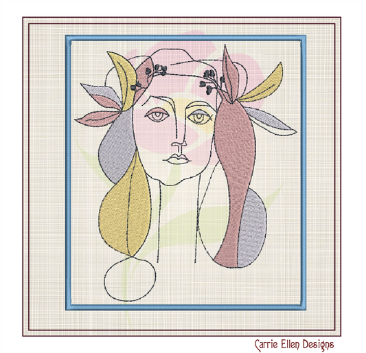 Woman Face Machine Embroidery Design – Fine Art Minimalist Portrait, Multicolor Line Art Style, 8 Sizes (0480)