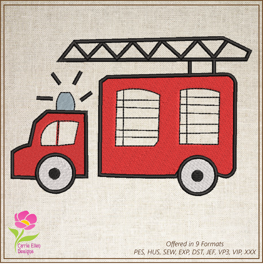 Fire Truck Machine Embroidery Design | Cartoon Fire Engine Toy Pattern | Kids & Baby Embroidery Design | 8 Sizes (0609)
