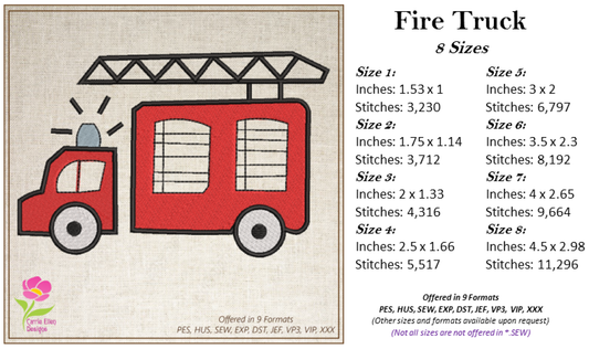 Fire Truck Machine Embroidery Design | Cartoon Fire Engine Toy Pattern | Kids & Baby Embroidery Design | 8 Sizes (0609)