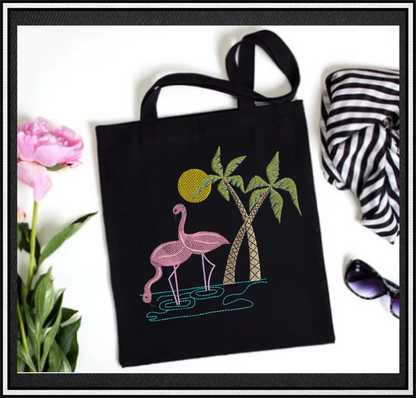 Wading Flamingos Machine Embroidery Design – Tropical Birds with Palm Tree, Summer Island Animal Embroidery, 4 Sizes (0461)