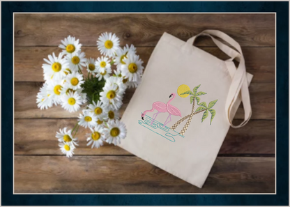 Wading Flamingos Machine Embroidery Design – Tropical Birds with Palm Tree, Summer Island Animal Embroidery, 4 Sizes (0461)