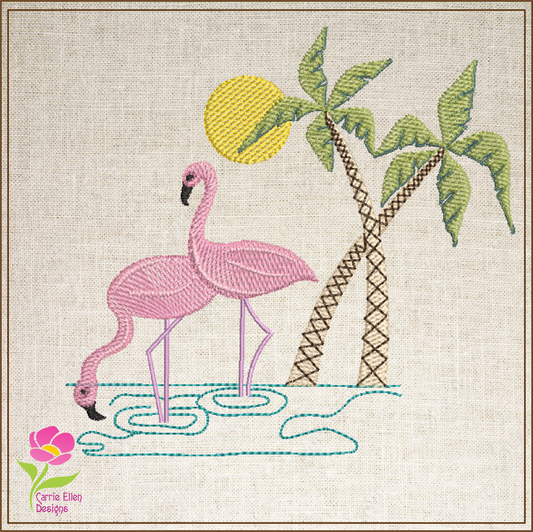 Wading Flamingos Machine Embroidery Design – Tropical Birds with Palm Tree, Summer Island Animal Embroidery, 4 Sizes (0461)