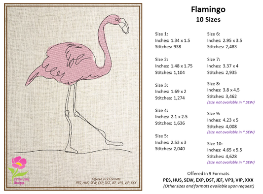 Flamingo Machine Embroidery Design – Pink Bird  – Line Art Bird Pattern, 10 Sizes (0606)