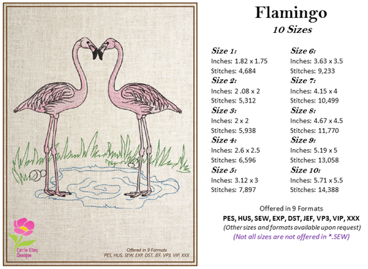 Flamingo Machine Embroidery Design – Pink Bird  – Line Art Bird Pattern, 10 Sizes (0607)