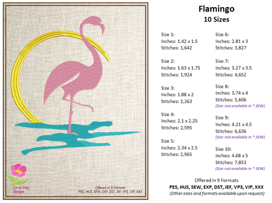 Flamingo Machine Embroidery Design – Pink Bird at Sunrise Embroidery Pattern, 10 Sizes (0608)