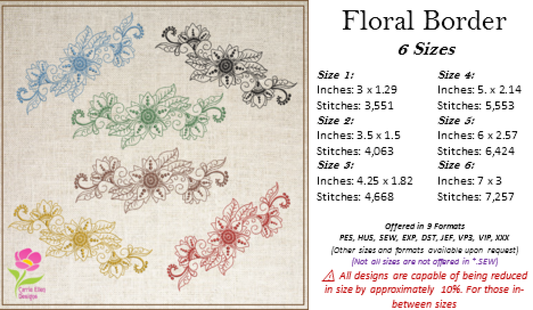 Floral Border Machine Embroidery Design | Folk Art Flower Embroidery Pattern | Decorative Floral Design Element | 6 Sizes (0574)