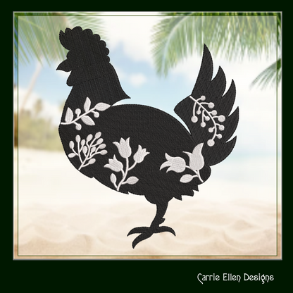 Floral Chicken Machine Embroidery Design – Wildflower Bird Silhouette – 6 Sizes (1622)