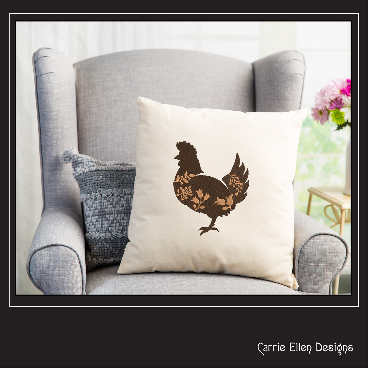 Floral Chicken Machine Embroidery Design – Wildflower Bird Silhouette – 6 Sizes (1622)