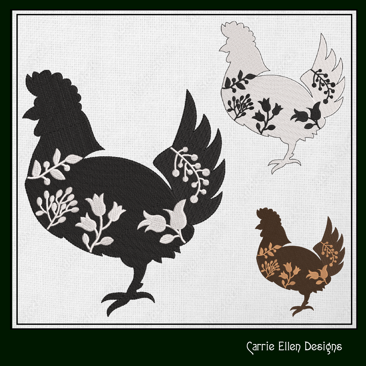 Floral Chicken Machine Embroidery Design – Wildflower Bird Silhouette – 6 Sizes (1622)