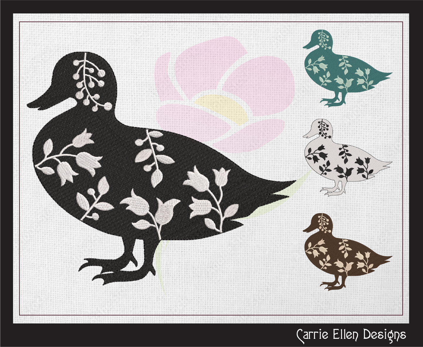 Floral Duck Machine Embroidery Design – Wildflower Farm Bird Silhouette – 6 Sizes (1631)