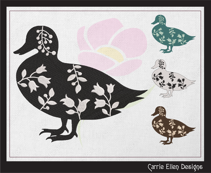 Floral Duck Machine Embroidery Design – Wildflower Farm Bird Silhouette – 6 Sizes (1631)