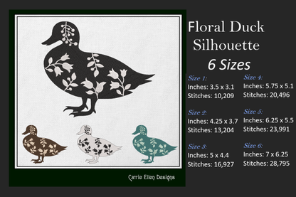 Floral Duck Machine Embroidery Design – Wildflower Farm Bird Silhouette – 6 Sizes (1631)