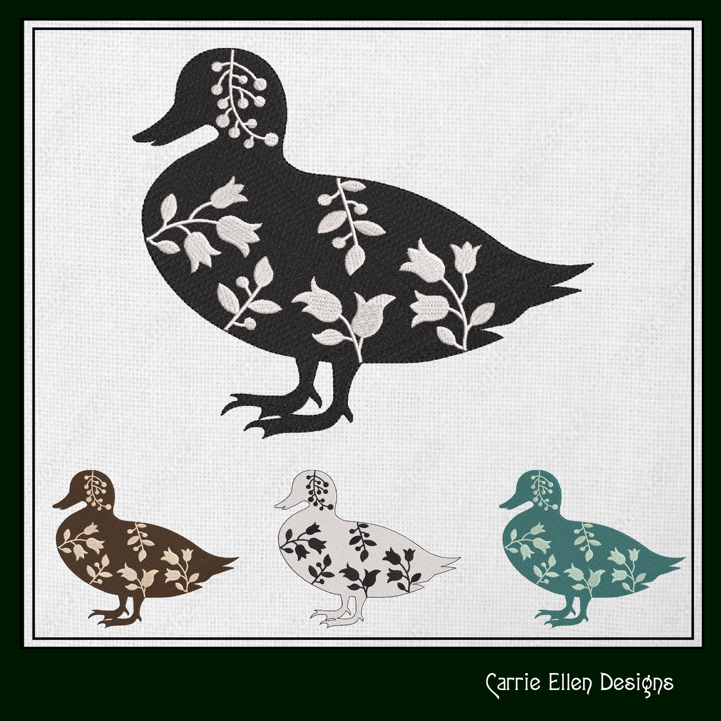 Floral Duck Machine Embroidery Design – Wildflower Farm Bird Silhouette – 6 Sizes (1631)