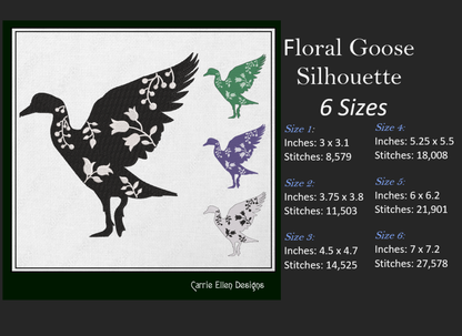 Floral Goose Machine Embroidery Design – Farm Animal Silhouette with Wildflowers – 6 Sizes (1634)