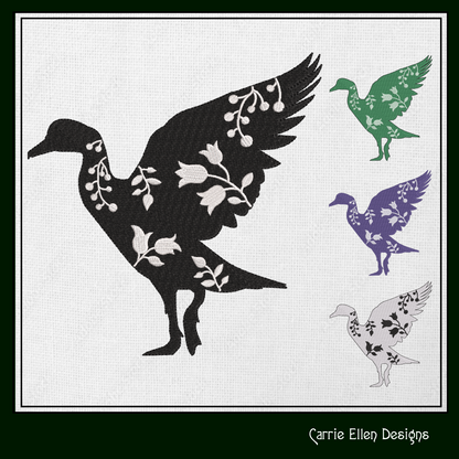 Floral Goose Machine Embroidery Design – Farm Animal Silhouette with Wildflowers – 6 Sizes (1634)