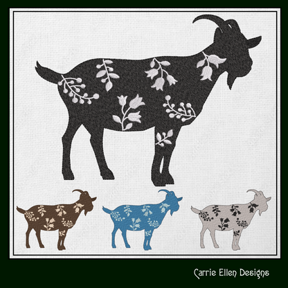 Floral Goat Machine Embroidery Design – Farm Animal with Wildflower Silhouette – 6 Sizes (1632)