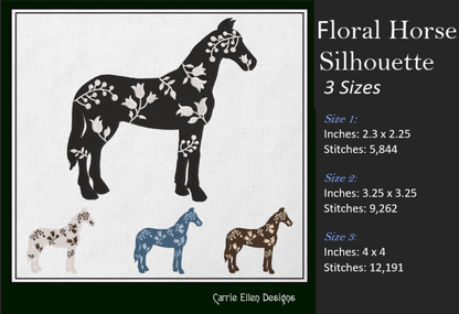 Floral Horse Machine Embroidery Design – Farm Animal Silhouette with Flowers, Wildflower Pony, 3 Sizes (1642)