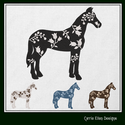 Floral Horse Machine Embroidery Design – Farm Animal Silhouette with Flowers, Wildflower Pony, 3 Sizes (1642)