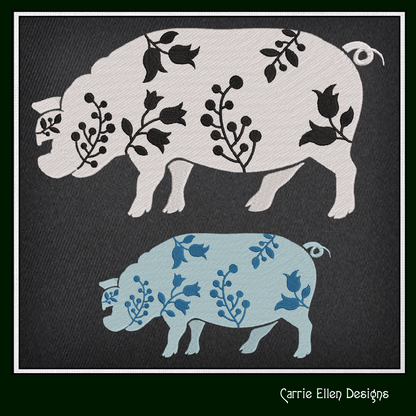 Floral Pig Machine Embroidery Design – Grazing Farm Animal with Wildflower Silhouette – 6 Sizes (1637)