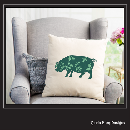 Floral Pig Machine Embroidery Design – Grazing Farm Animal with Wildflower Silhouette – 6 Sizes (1637)
