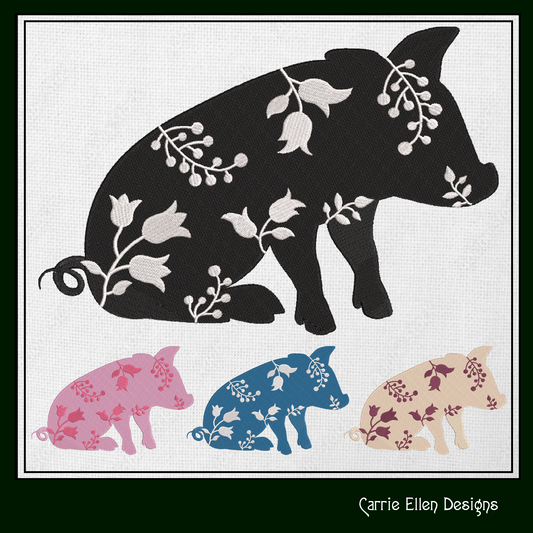 Floral Pig Machine Embroidery Design – Sitting Piglet Silhouette with Wildflowers – 6 Sizes (1638)