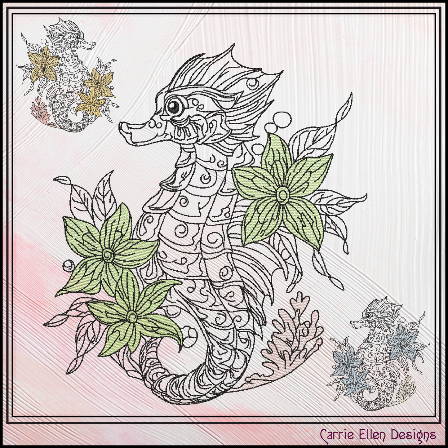 Floral Seahorse machine embroidery design featuring elegant botanical flowers and coral accents. Perfect for coastal décor, beach towels, apparel, quilts, tote bags, and ocean-themed gifts.

Machine embroidery design of an elegant floral seahorse surrounded by botanical flowers and coral in a coastal-inspired outline style.