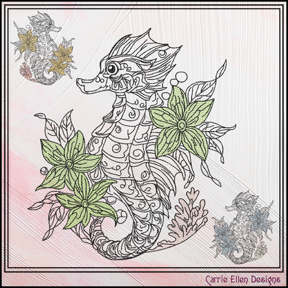 Floral Seahorse machine embroidery design featuring elegant botanical flowers and coral accents. Perfect for coastal décor, beach towels, apparel, quilts, tote bags, and ocean-themed gifts.

Machine embroidery design of an elegant floral seahorse surrounded by botanical flowers and coral in a coastal-inspired outline style.