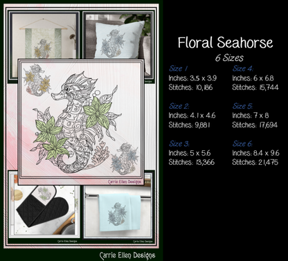 Floral Seahorse machine embroidery design featuring elegant botanical flowers and coral accents. Perfect for coastal décor, beach towels, apparel, quilts, tote bags, and ocean-themed gifts.

Machine embroidery design of an elegant floral seahorse surrounded by botanical flowers and coral in a coastal-inspired outline style.