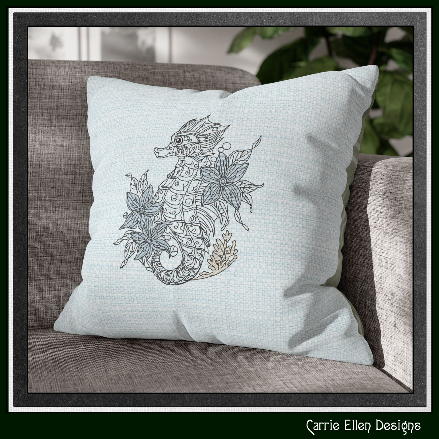 Floral Seahorse machine embroidery design featuring elegant botanical flowers and coral accents. Perfect for coastal décor, beach towels, apparel, quilts, tote bags, and ocean-themed gifts.

Machine embroidery design of an elegant floral seahorse surrounded by botanical flowers and coral in a coastal-inspired outline style.