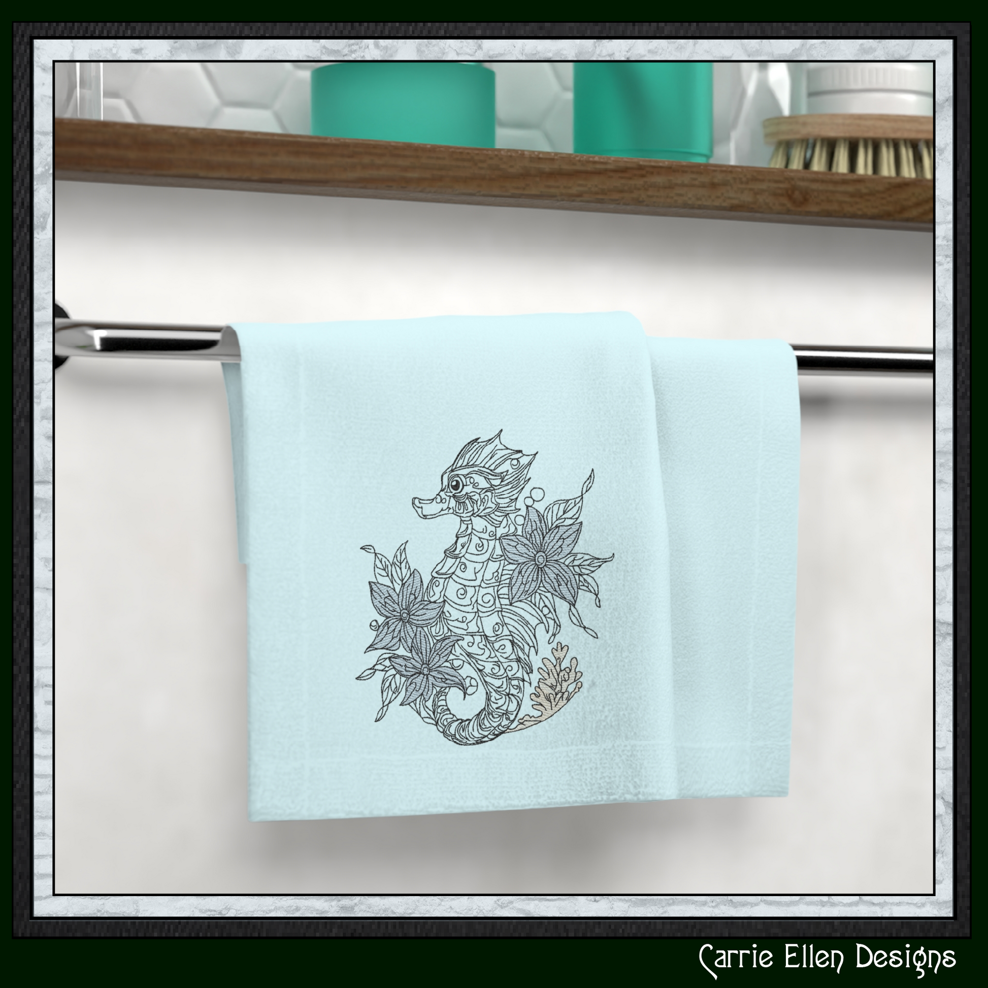 Floral Seahorse machine embroidery design featuring elegant botanical flowers and coral accents. Perfect for coastal décor, beach towels, apparel, quilts, tote bags, and ocean-themed gifts.

Machine embroidery design of an elegant floral seahorse surrounded by botanical flowers and coral in a coastal-inspired outline style.