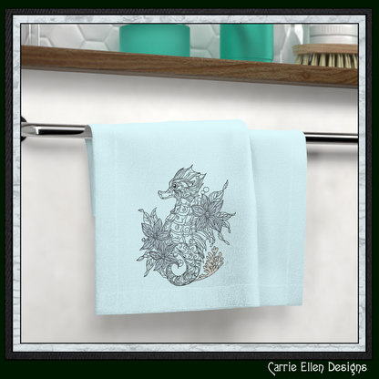 Floral Seahorse machine embroidery design featuring elegant botanical flowers and coral accents. Perfect for coastal décor, beach towels, apparel, quilts, tote bags, and ocean-themed gifts.

Machine embroidery design of an elegant floral seahorse surrounded by botanical flowers and coral in a coastal-inspired outline style.