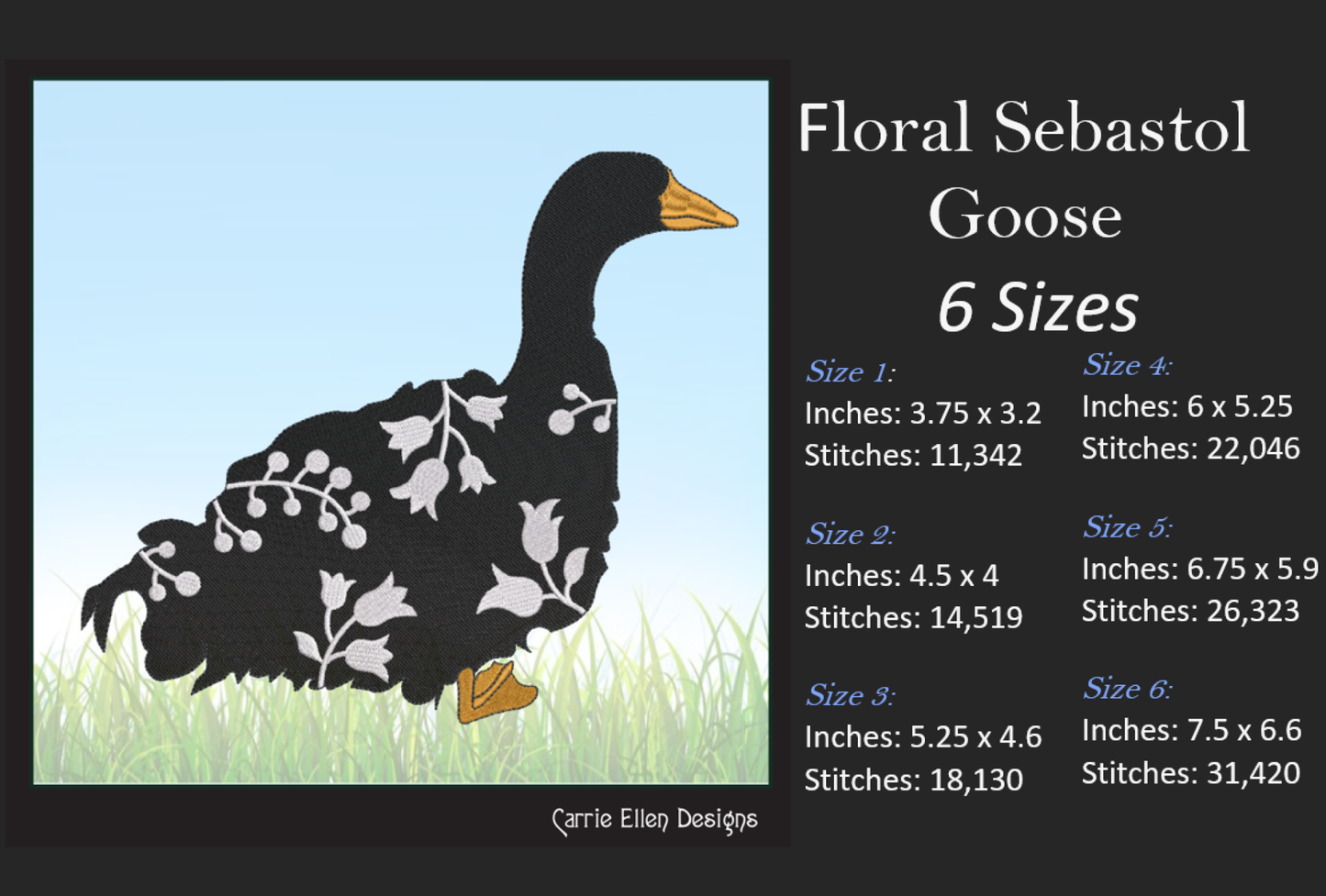 Sebastopol Goose Machine Embroidery Design – Floral Goose Silhouette with Wildflowers – 6 Sizes (1616)