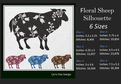 Floral Sheep Machine Embroidery Design – Livestock Farm Animal Silhouette with Flowers, 6 Sizes (1676)