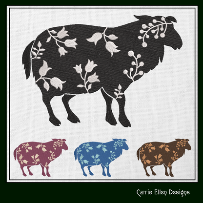 Floral Sheep Machine Embroidery Design – Livestock Farm Animal Silhouette with Flowers, 6 Sizes (1676)