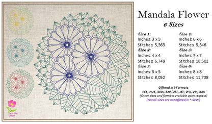 Mandala Flower Embroidery Design – Lace Floral Line Art – Spiritual Machine Embroidery File, 6 Sizes (0673)