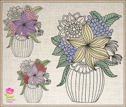 Flowers in Vase Machine Embroidery Design | Floral Table Setting Stitch File | Garden Flowers Pattern | 6 Sizes (0652)
