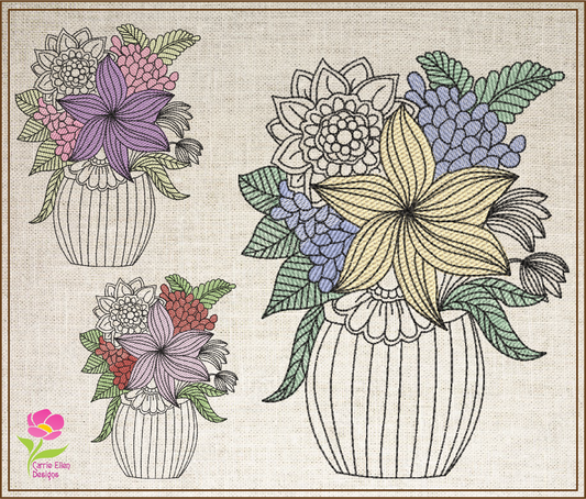 Flowers in Vase Machine Embroidery Design | Floral Table Setting Stitch File | Garden Flowers Pattern | 6 Sizes (0652)