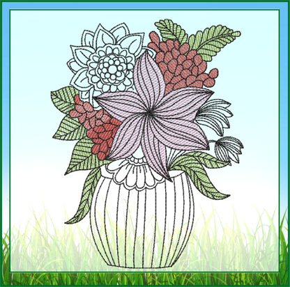 Flowers in Vase Machine Embroidery Design | Floral Table Setting Stitch File | Garden Flowers Pattern | 6 Sizes (0652)