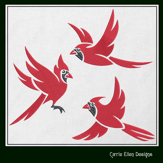 Cardinal Machine Embroidery Design Bundle – Flying Red Birds Collection – 3 Designs in 6 Sizes (1551)