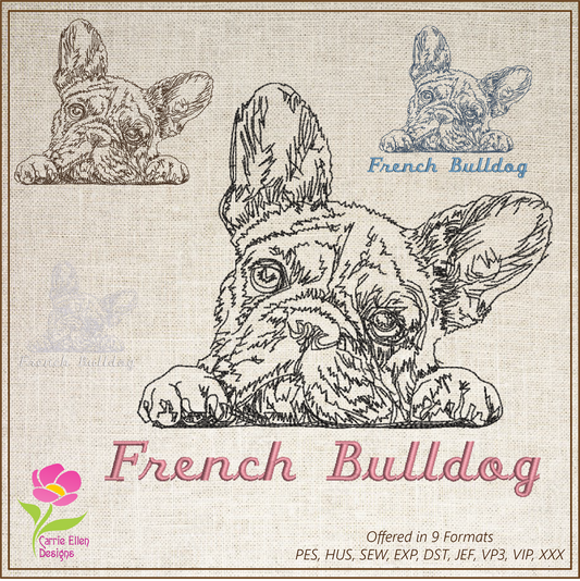 French Bulldog Sketch Machine Embroidery Design – Frenchie Line Art Dog Pattern, 8 Sizes (0492)