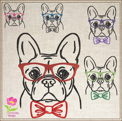 French Bulldog Machine Embroidery Design – Frenchie Dog with Glasses and Bow Tie, Stylish Pet Embroidery Pattern, 4 Sizes (0507)