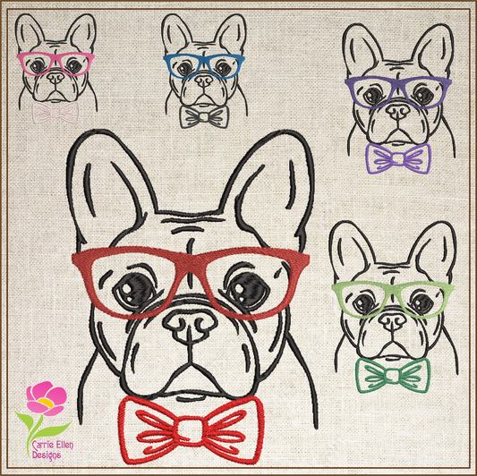 French Bulldog Machine Embroidery Design – Frenchie Dog with Glasses and Bow Tie, Stylish Pet Embroidery Pattern, 4 Sizes (0507)